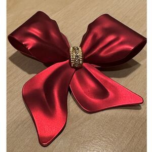 Vintage Matte Red Satin Finish Ribbon Bow Brooch Rhinestone Center Pin